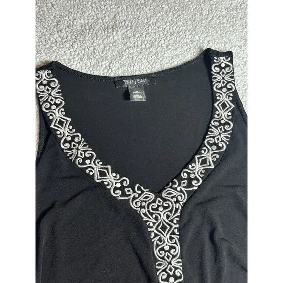 White House Black Market Womens Sz M Black White Floral Sleeveless Tiered Blouse - Picture 4 of 7